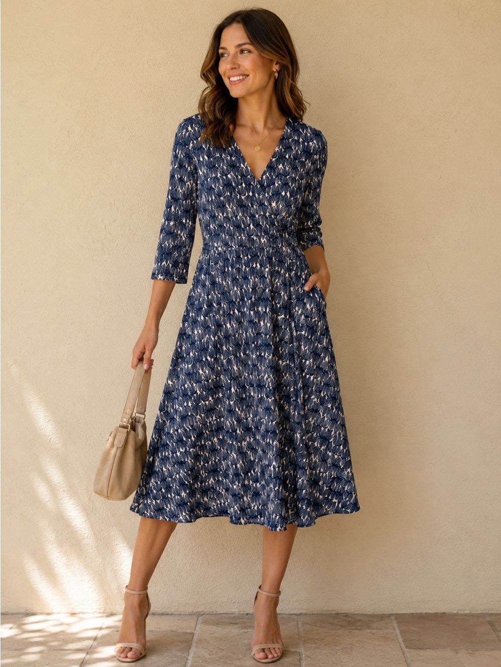 Sigrid Olsen | Blue Printed Faux Wrap Midi Dress - Size Medium